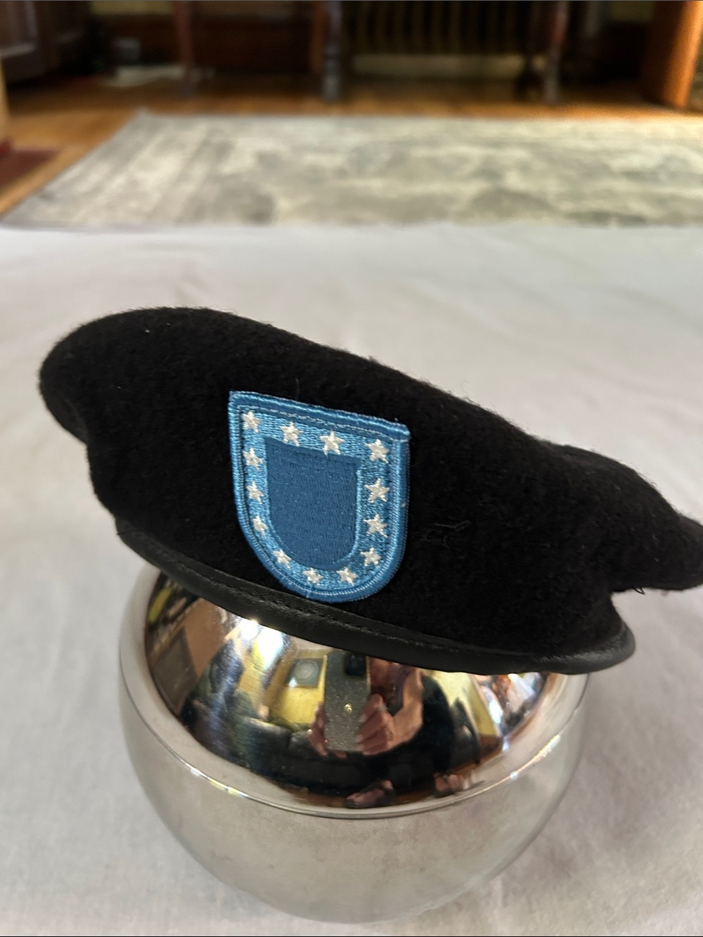Black Military US Army Beret with Blue Flash Patch
